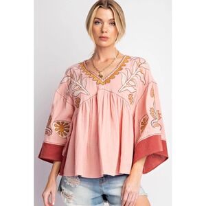 Easel Los Angeles Pink Gauze Embroidered Boho Kimono Sleeve Top Large